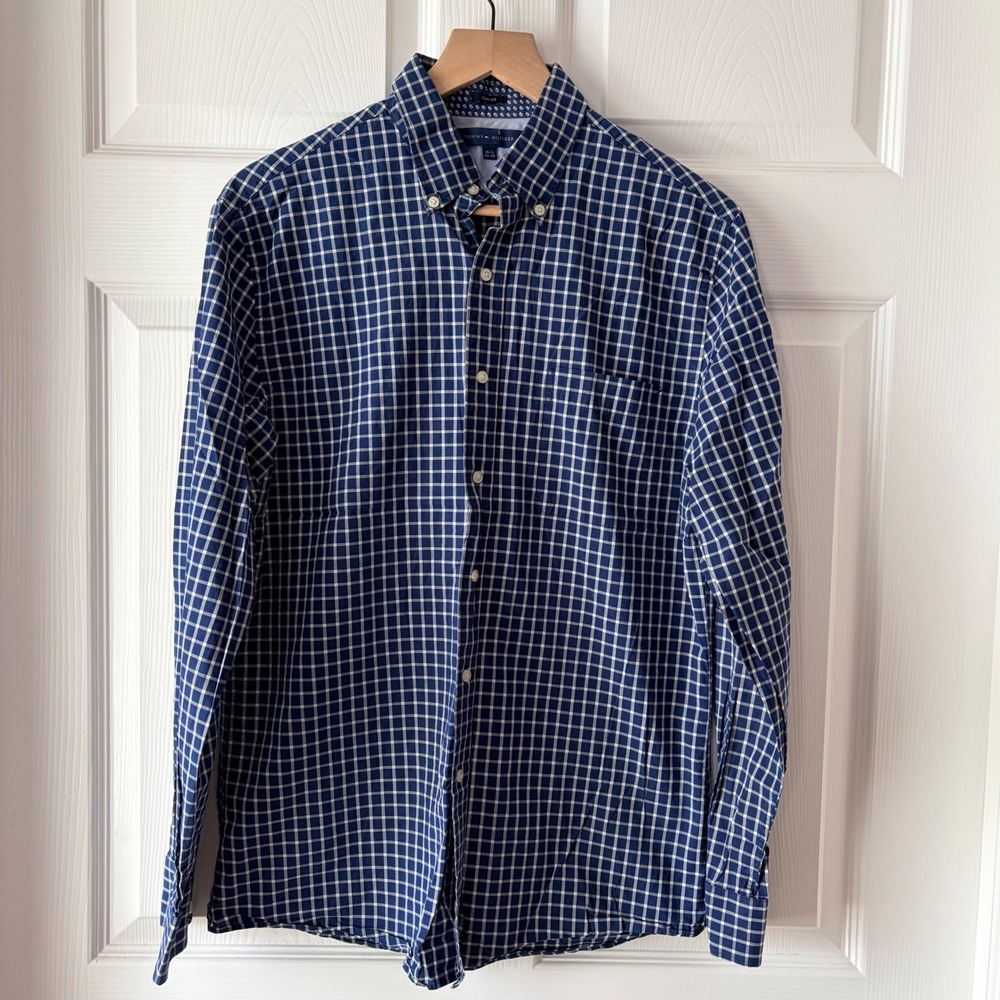 Tommy Hilfiger Mens Slim Fit Blue Gingham Check Button Down Shirt 15.5 34/35
